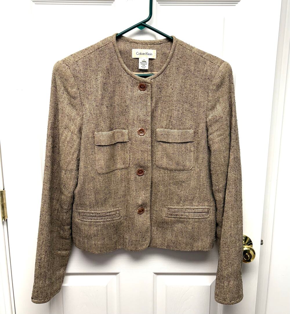 Calvin Klein Blazer Vintage Cropped Silk Tweed, Light Shoulder Pads, Size 14